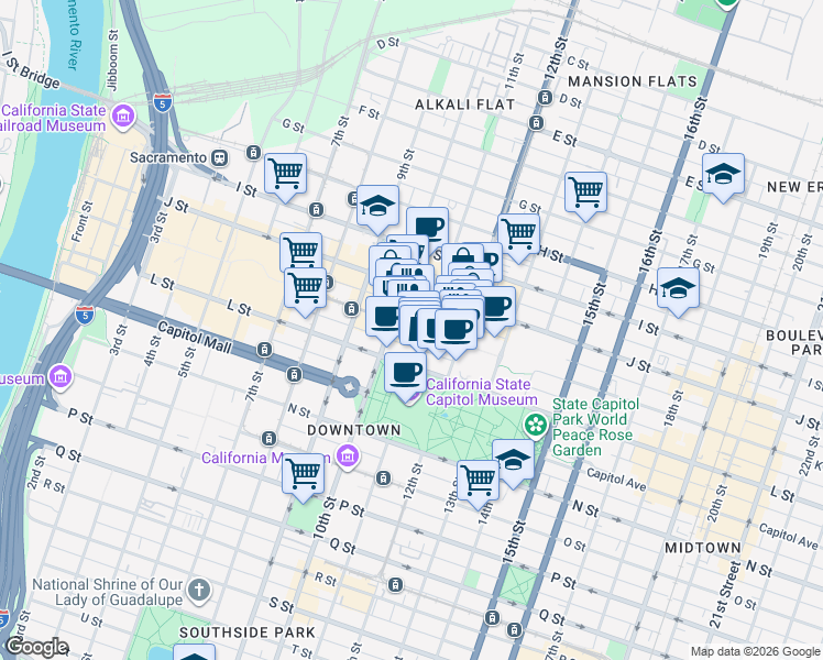map of restaurants, bars, coffee shops, grocery stores, and more near 1020 K Street in Sacramento