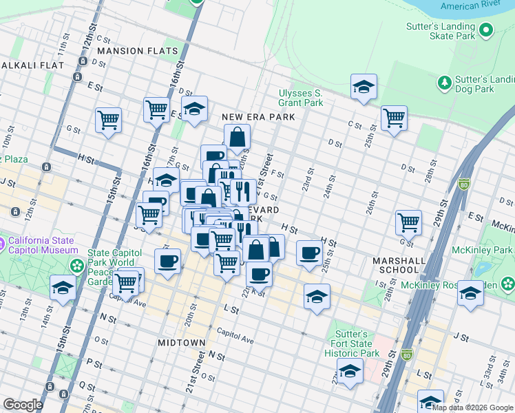 map of restaurants, bars, coffee shops, grocery stores, and more near 801 21st Street in Sacramento