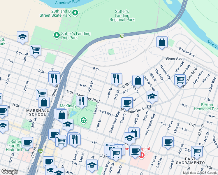 map of restaurants, bars, coffee shops, grocery stores, and more near 344 34th Street in Sacramento