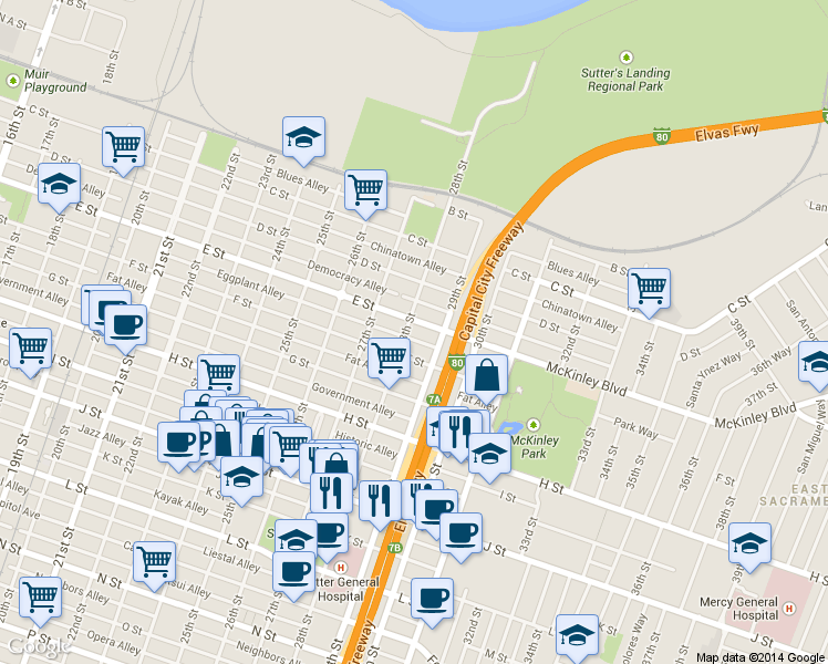 map of restaurants, bars, coffee shops, grocery stores, and more near 521 28th Street in Sacramento