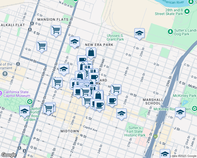 map of restaurants, bars, coffee shops, grocery stores, and more near 801 21st Street in Sacramento