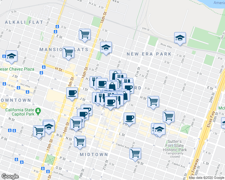 map of restaurants, bars, coffee shops, grocery stores, and more near in Sacramento