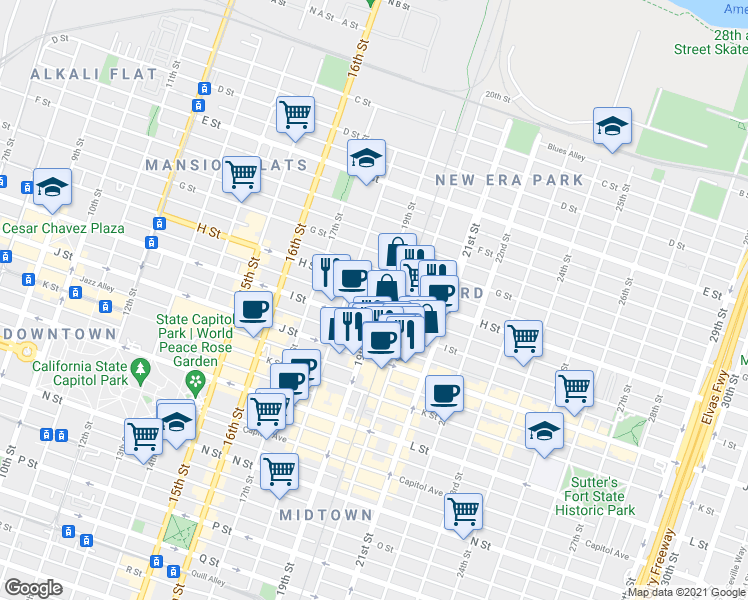 map of restaurants, bars, coffee shops, grocery stores, and more near in Sacramento