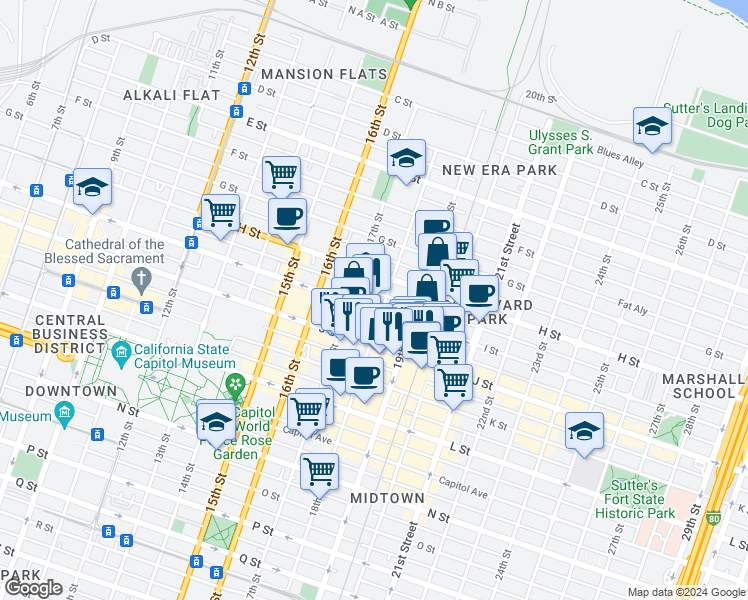 map of restaurants, bars, coffee shops, grocery stores, and more near 1801 I Street in Sacramento