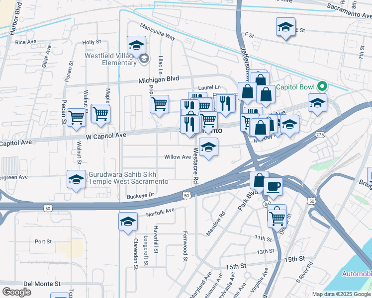 map of restaurants, bars, coffee shops, grocery stores, and more near 1720 Willow Avenue in West Sacramento