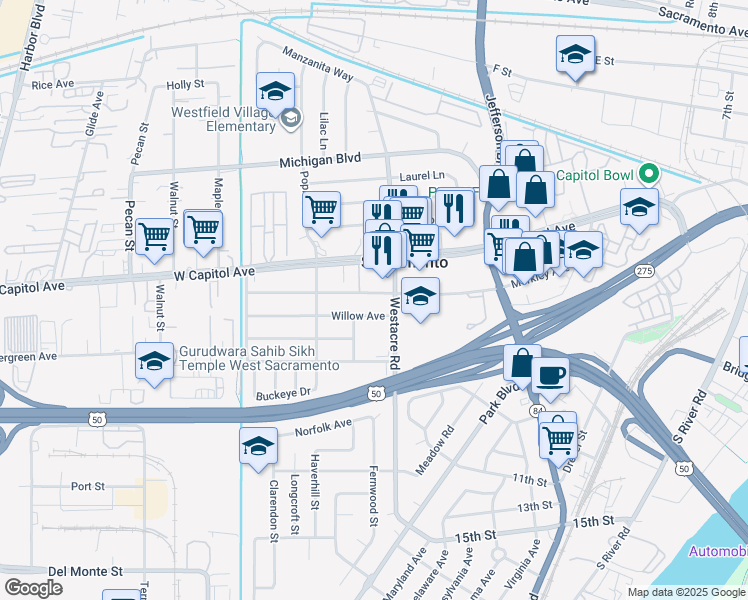 map of restaurants, bars, coffee shops, grocery stores, and more near 1720 Willow Avenue in West Sacramento
