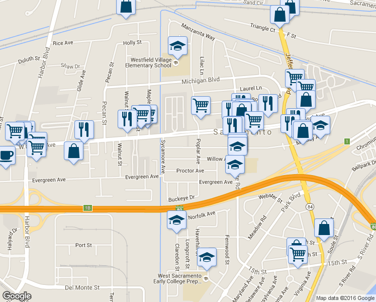 map of restaurants, bars, coffee shops, grocery stores, and more near 1908 Willow Avenue in West Sacramento