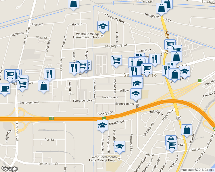 map of restaurants, bars, coffee shops, grocery stores, and more near 1908 Willow Avenue in West Sacramento