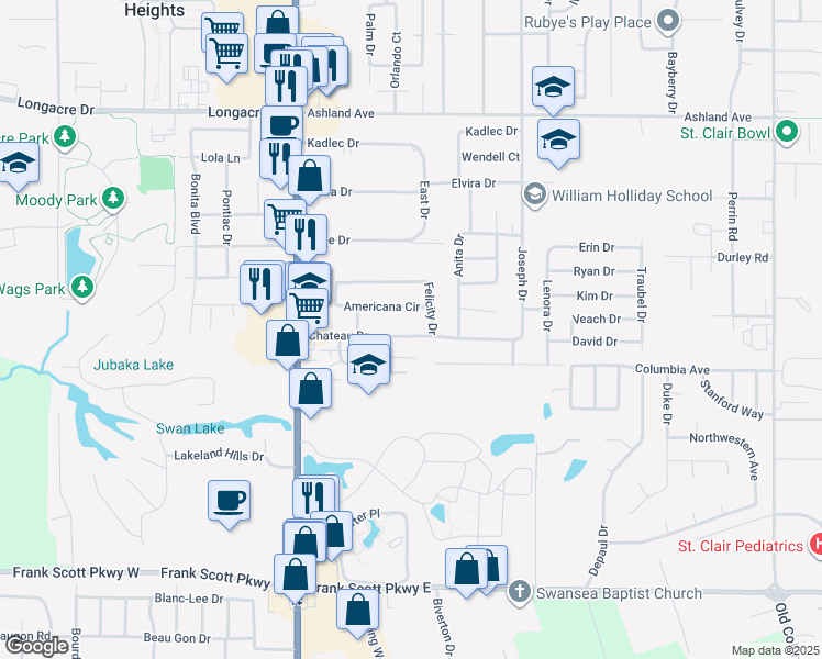 map of restaurants, bars, coffee shops, grocery stores, and more near 46 Chateau Drive in Fairview Heights