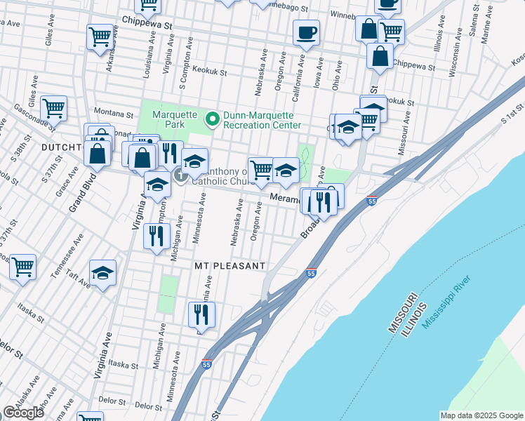 map of restaurants, bars, coffee shops, grocery stores, and more near 4238 Oregon Avenue in St. Louis