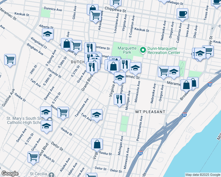 map of restaurants, bars, coffee shops, grocery stores, and more near 4310 Virginia Avenue in St. Louis