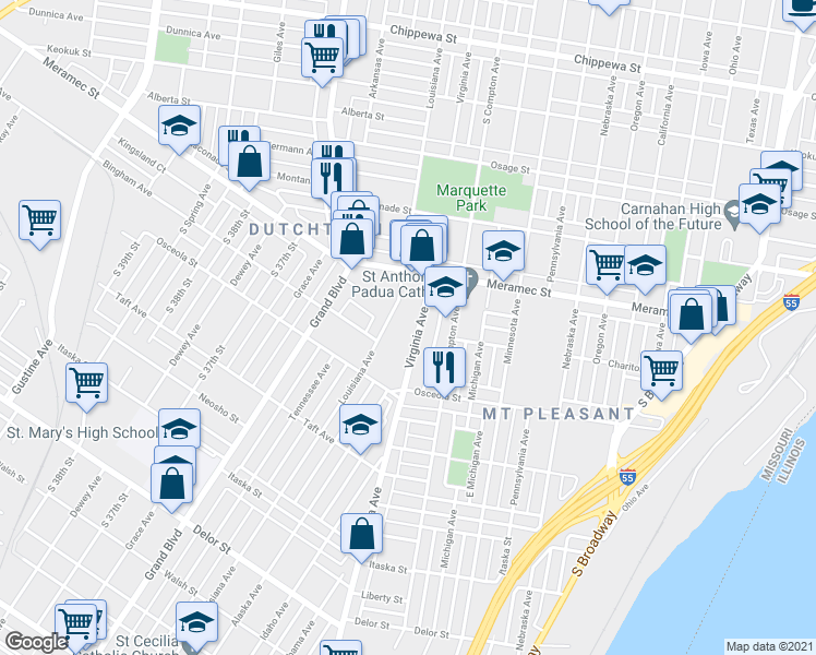 map of restaurants, bars, coffee shops, grocery stores, and more near 4310 Virginia Avenue in St. Louis