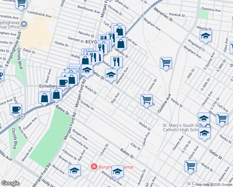 map of restaurants, bars, coffee shops, grocery stores, and more near 5015 Steffens Avenue in St. Louis