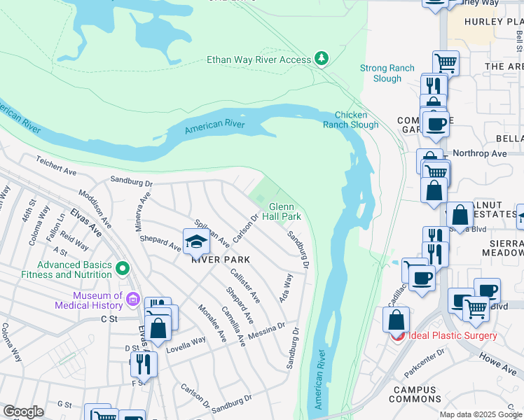 map of restaurants, bars, coffee shops, grocery stores, and more near 5301 Carlson Drive in Sacramento