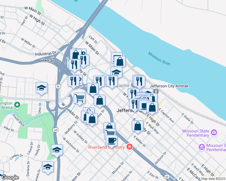 map of restaurants, bars, coffee shops, grocery stores, and more near 301 West High Street in Jefferson City