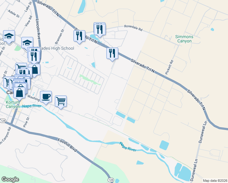 map of restaurants, bars, coffee shops, grocery stores, and more near 100 Silverado Trail North in Calistoga