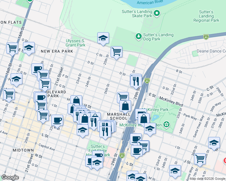 map of restaurants, bars, coffee shops, grocery stores, and more near 2621 F Street in Sacramento