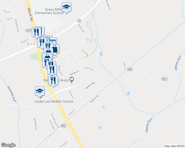 map of restaurants, bars, coffee shops, grocery stores, and more near 6119 Olivera Avenue in Bealeton