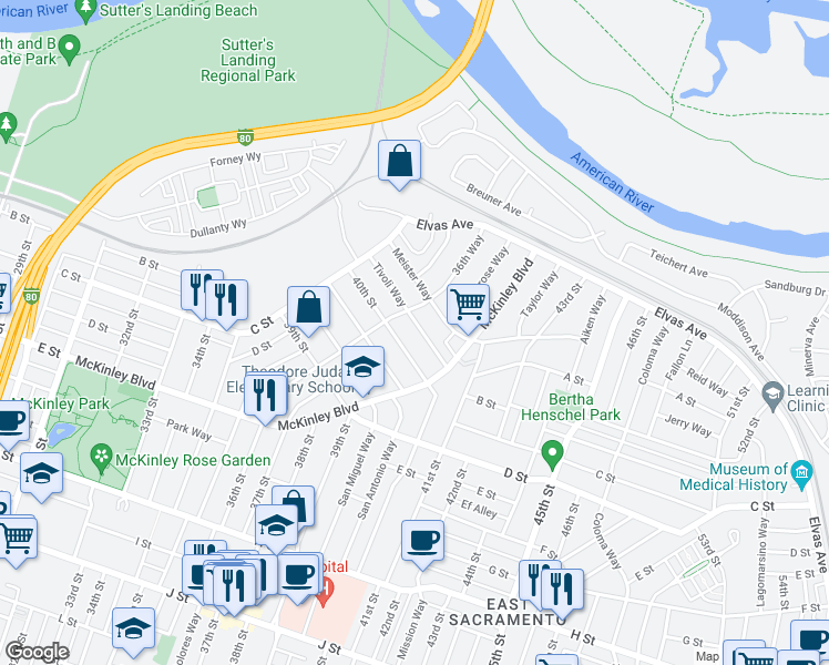 map of restaurants, bars, coffee shops, grocery stores, and more near 230 Tivoli Way in Sacramento