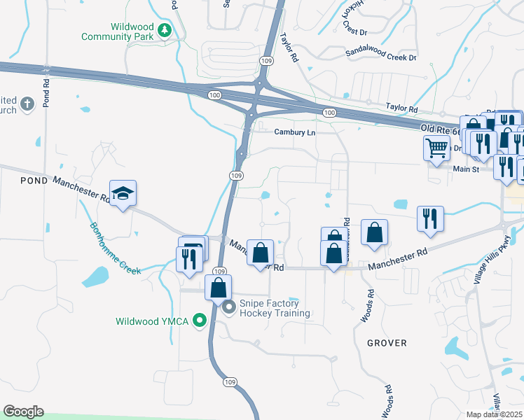map of restaurants, bars, coffee shops, grocery stores, and more near 2520 Viola Gill Lane in Wildwood