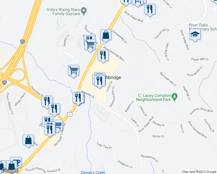 map of restaurants, bars, coffee shops, grocery stores, and more near Larkin Drive in Dumfries