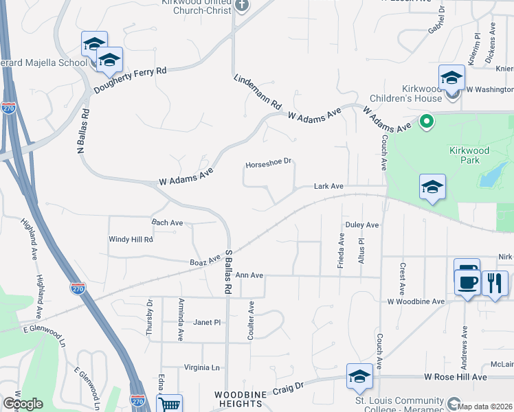 map of restaurants, bars, coffee shops, grocery stores, and more near 1521 Lark Avenue in Kirkwood