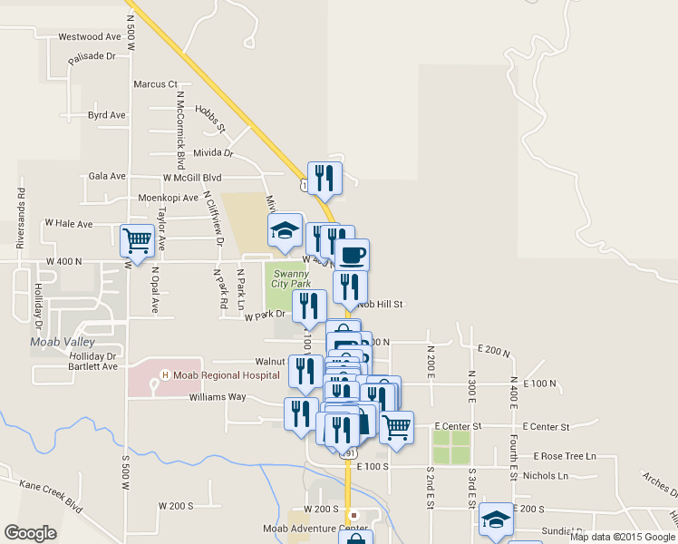 map of restaurants, bars, coffee shops, grocery stores, and more near 397 North Main Street in Moab