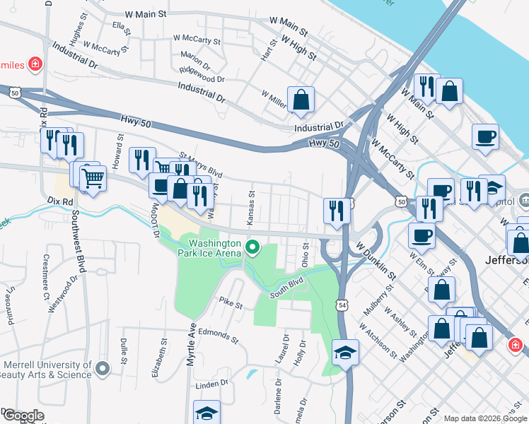 map of restaurants, bars, coffee shops, grocery stores, and more near 635 Georgia Street in Jefferson City