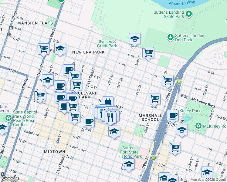 map of restaurants, bars, coffee shops, grocery stores, and more near 2400 G Street in Sacramento