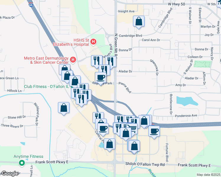 map of restaurants, bars, coffee shops, grocery stores, and more near 1385 North Green Mount Road in O'Fallon