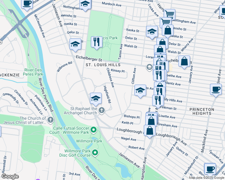 map of restaurants, bars, coffee shops, grocery stores, and more near 5942 Childress Avenue in St. Louis