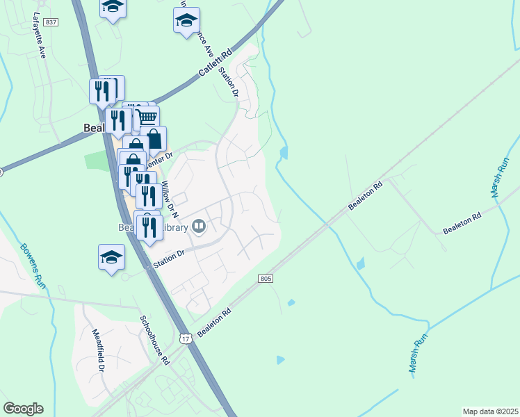 map of restaurants, bars, coffee shops, grocery stores, and more near 6119 Olivera Avenue in Bealeton
