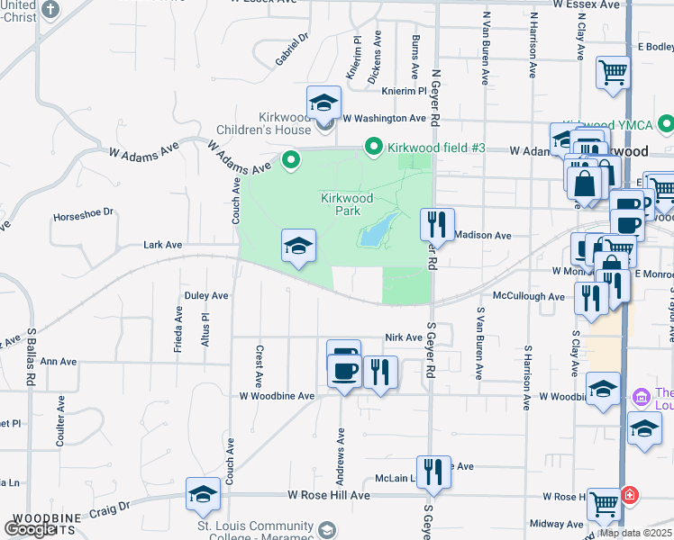 map of restaurants, bars, coffee shops, grocery stores, and more near 596 West Monroe Avenue in Kirkwood