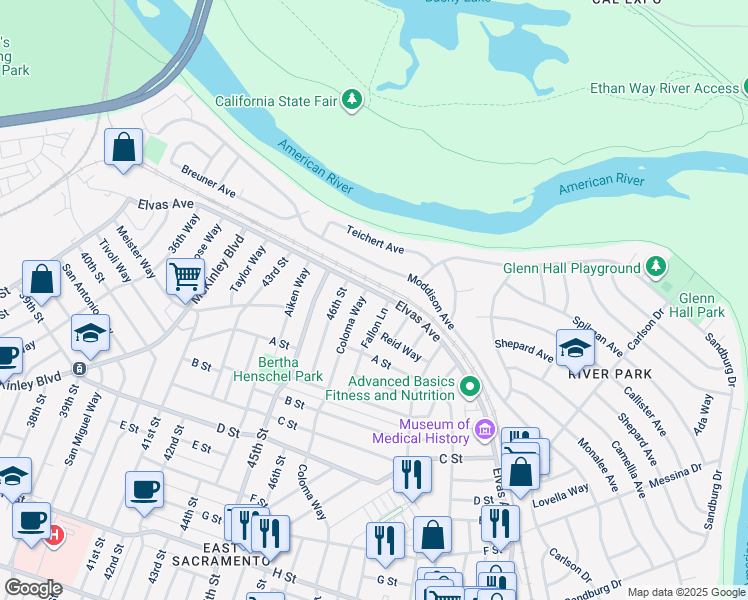 map of restaurants, bars, coffee shops, grocery stores, and more near 55 Fallon Lane in Sacramento