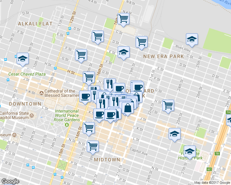 map of restaurants, bars, coffee shops, grocery stores, and more near 1801 I Street in Sacramento