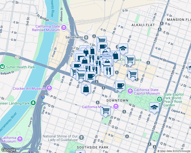 map of restaurants, bars, coffee shops, grocery stores, and more near 715 Capitol Mall in Sacramento