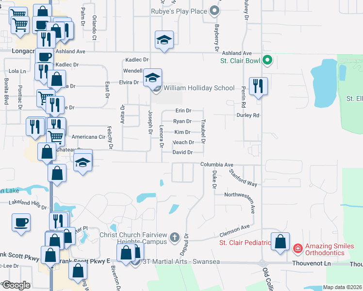 map of restaurants, bars, coffee shops, grocery stores, and more near 324 David Drive in Fairview Heights