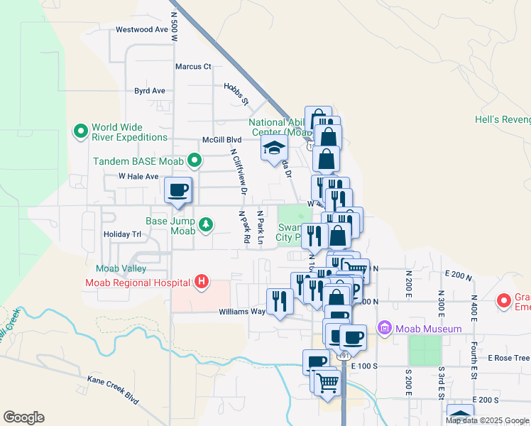 map of restaurants, bars, coffee shops, grocery stores, and more near 243 West 400 North in Moab
