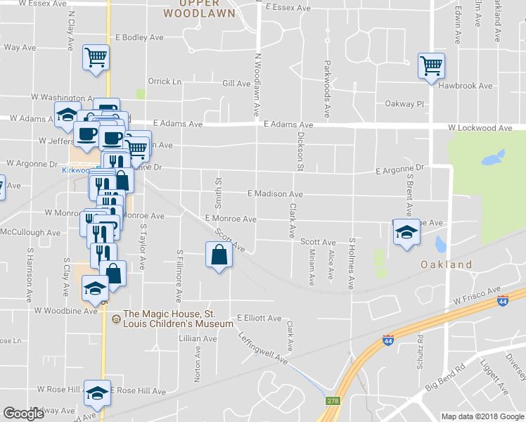 map of restaurants, bars, coffee shops, grocery stores, and more near 503 East Monroe Avenue in Kirkwood