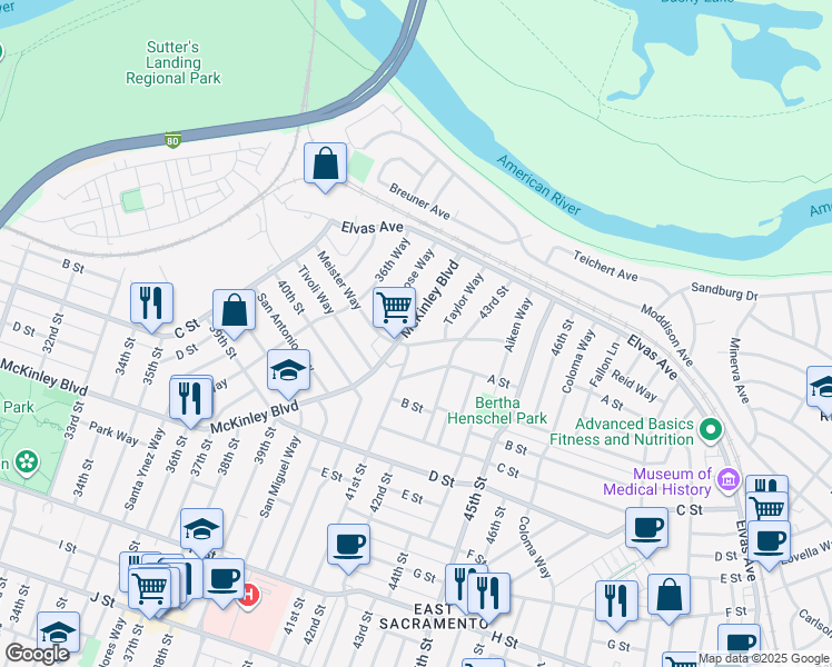 map of restaurants, bars, coffee shops, grocery stores, and more near 406 Meister Way in Sacramento