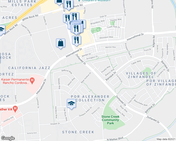 map of restaurants, bars, coffee shops, grocery stores, and more near Bear Hollow Drive in Rancho Cordova