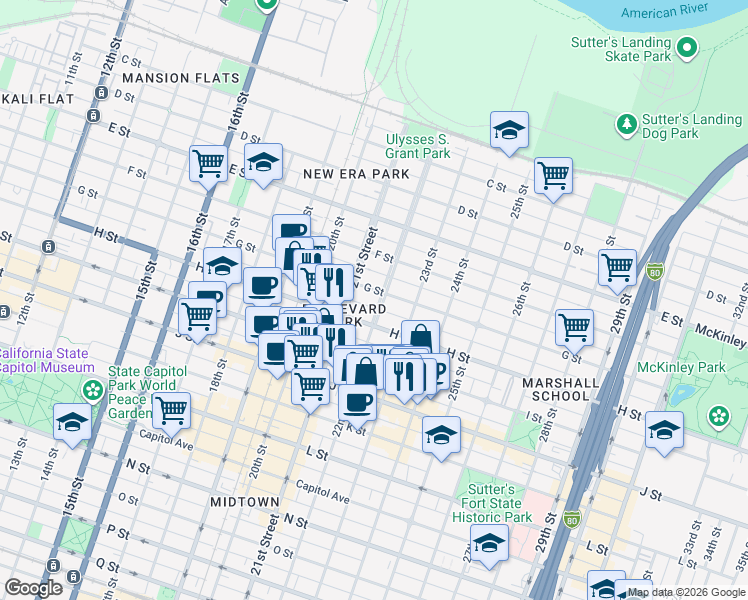 map of restaurants, bars, coffee shops, grocery stores, and more near 708 22nd Street in Sacramento
