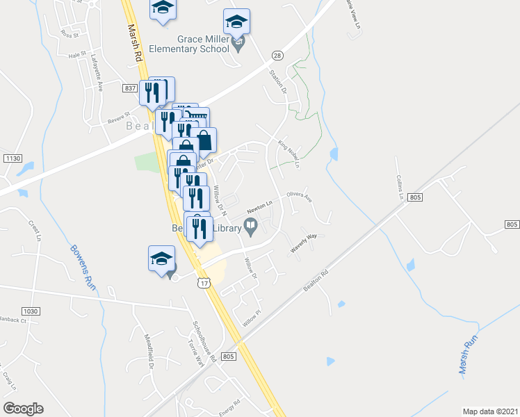 map of restaurants, bars, coffee shops, grocery stores, and more near 10845 Depot Drive in Bealeton