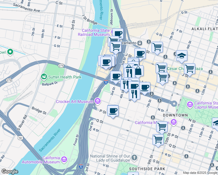 map of restaurants, bars, coffee shops, grocery stores, and more near in Sacramento