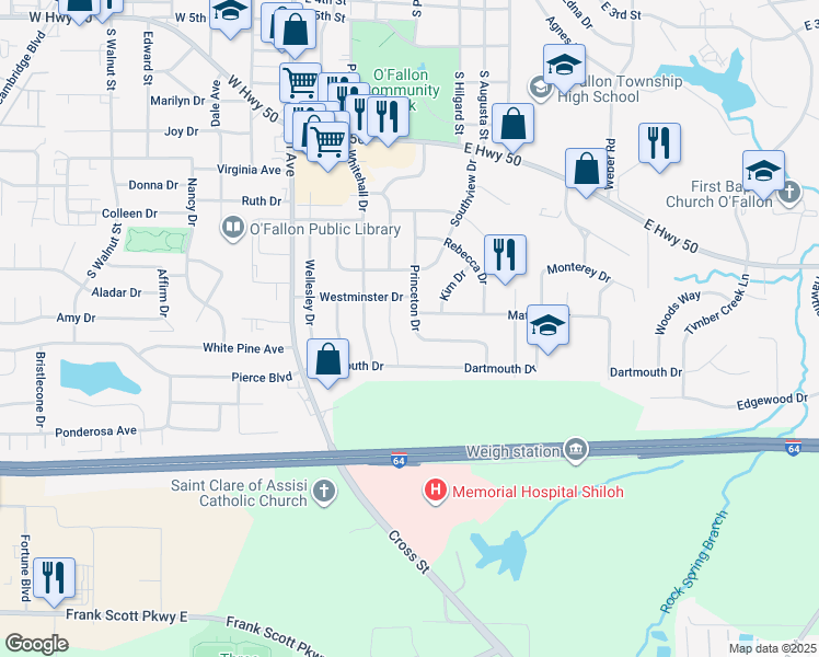 map of restaurants, bars, coffee shops, grocery stores, and more near 1409 Princeton Drive in O'Fallon