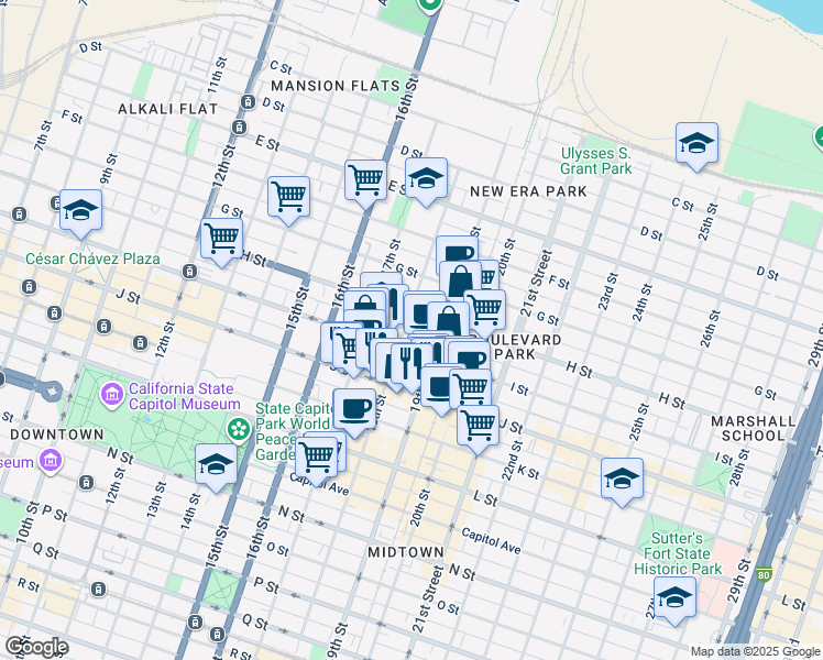 map of restaurants, bars, coffee shops, grocery stores, and more near 1801 I Street in Sacramento