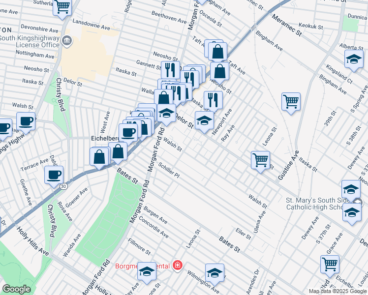 map of restaurants, bars, coffee shops, grocery stores, and more near 4201 Walsh Street in St. Louis