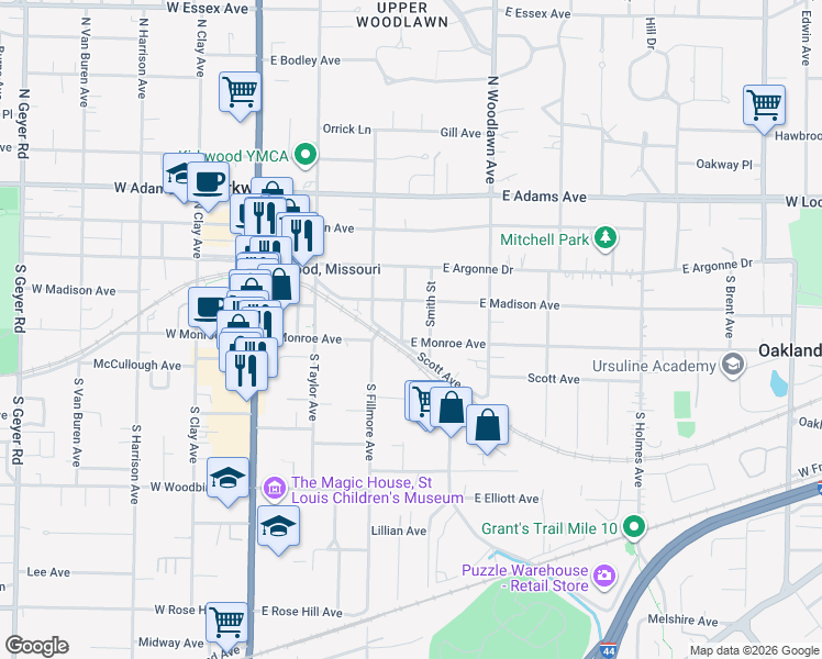 map of restaurants, bars, coffee shops, grocery stores, and more near 228 Gilbert Street in Kirkwood
