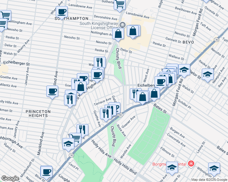 map of restaurants, bars, coffee shops, grocery stores, and more near 4757 Terrace Avenue in St. Louis