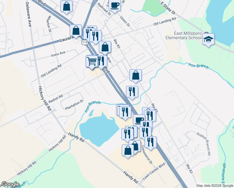 map of restaurants, bars, coffee shops, grocery stores, and more near 101 East Dupont Boulevard in Millsboro